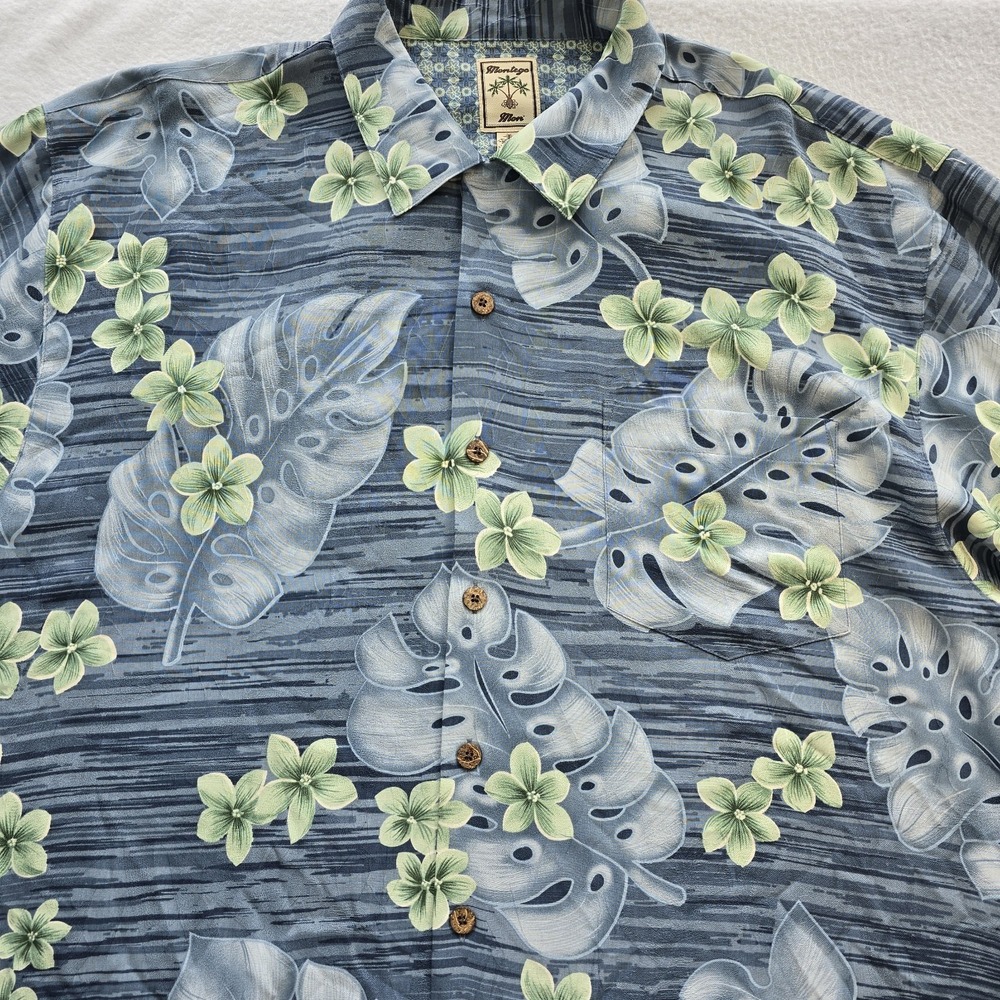 Montego Mon Hawaiian Shirt XL Blue 100% Silk Tropical Monstera Palm Camp Top EUC